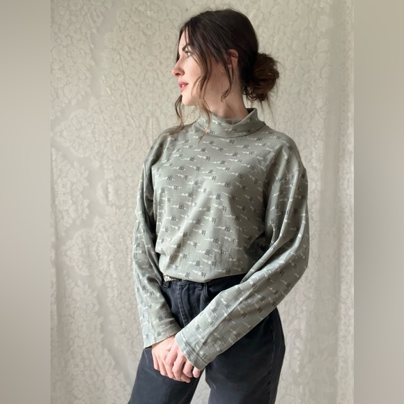 Green 90s Style Turtle Neck Mountains & Trees Long Sleeve Top - Picture 6 of 16